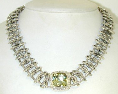 David Yurman Silver Prasiolite, Diamond Necklace.: David Yurman Silver Prasiolite, Diamond Necklace. The total weight of Necklace is 102.1 grams. The size of the Prasiolite is 9 x9 mm. Total weight of diamond: 0.60 cts. H color, VS clarity. The size o