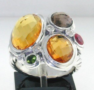 David Yurman Silver Muti-color Stone & Diamond Rin: This is a Wonderful David Yurman Silver Ring with Citrine, smoky Topaz, Peridot,Garnet & Diamond The total ring's weight is 10.2 grams. The total weight of Diamond: 0.12 cts. H color, SI clarity