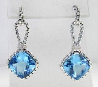 David Yurman Silver Blue Topaz & Diamond Earrings.: David Yurman Silver Blue Topaz & Diamond Earrings. The total earrings weight is 8.1 grams. The total weight of diamond: 0.16 cts. I color, SI clarity The size of the Blue Topaz is 10 x 10 mm. The size
