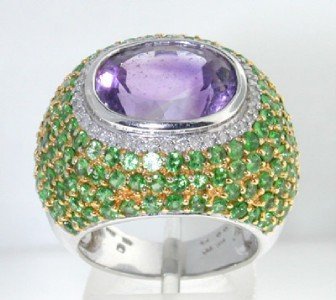 Salavetti 18K Gold Amethyst, Diamond & Tsavorite R: Salavetti 18K White Gold Amethyst,Diamond & Tsavorite Ring. The total ring's weight is 19.5 grams. The total diamond weight is 0.8 cts. ,approximately. I color, SI clarity. The size of amethyst is 15