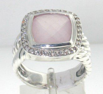 David Yurman Silver Rose Quartz Diamond Ring.: David Yurman Silver Rose Quartz Diamond Ring. The total ring's weight is 9 grams. The total weight of the diamond is 0.41 cts approximately, I color SI clarity. The size of the Rose Quartz is 12 x 12