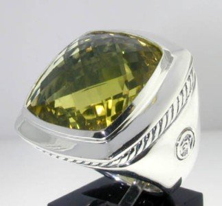 David Yurman Silver Lime Citrine Ring.: David Yurman Silver Lime Citrine Ring. The total ring's weight is 19 grams. The size of the Lemon Citrine is 20x20 mm. The size of the ring is 6 The measurement of the face of the ring is 25x25 mm. Th