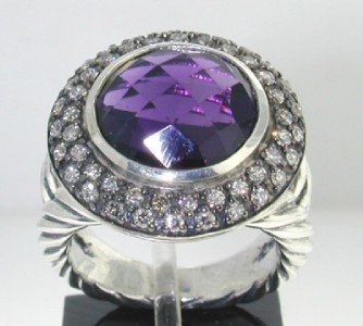 David Yurman Silver, Amethyst & Diamond Ring: David Yurman Silver, Amethyst & Diamond Ring The total ring's weight is 12.4 grams. The total weight of the diamond is 1.36 cts approximately, H color SI clarity. The size of the Amethyst is 10 mm. Th