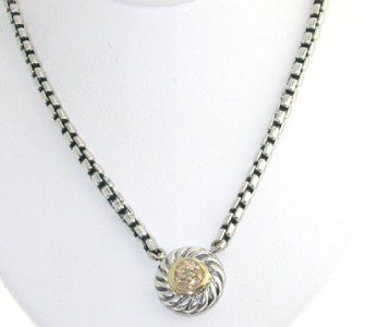 David Yurman 18K Gold, Silver, Diamond Necklace.: David Yurman 18K Yellow Gold, Silver, Diamond Necklace. The total weight of Necklace is 14.2 grams. The total weight of diamond: 0.14 cts. I color, I clarity The size of the pendant is 10 x 10 mm, Thi
