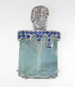 RW 18K Gold, Diamond, Sapphire & White Quartz Pend: RW 18K White Gold, Champagne Diamond, Sapphire & White Quartz Pendant. The total pendant's weight is 15.7 grams. The total Champagne Diamonds weight: 1 cts. The total weight of sapphire: 0.63 cts The 