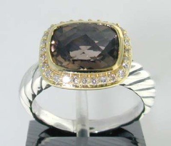 David Yurman Silver, Smoky Quartz & Diamond Ring: David Yurman Silver, Smoky Quartz & Diamond Ring The total ring's weight is 5.7 grams. The total weight of the diamond is 0.24 cts approximately, I color SI clarity. The size of the Smoky Quartz is 10