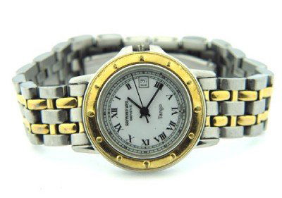 Raymond Weil Stainless Steel Watch: Raymond Weil Stainless Steel Watch The total watch's weight is 62.8 grams. The measurements of watch head is 26 mm and 5 mm thick. The length of watch: 5" Swiss Made water resistant Chain is 13 mm wid