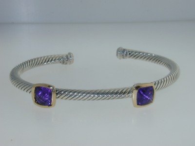 David Yurman 18k Yellow Gold/Silver, Amethyst Bangl: David Yurman 18k Yellow Gold/Silver Amethyst Bangle. Bangle's Weight : 17.5 grams. The size of the Amethyst is 7 x 7 mm. The measurements of the Bangle are 60x44 mm and the thickness is 4 mm. There is