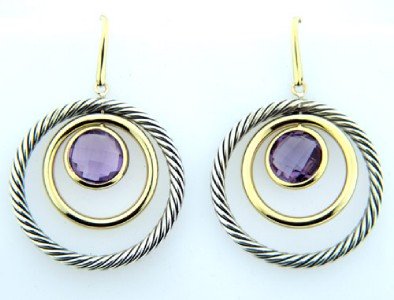 David Yurman 18K Gold /Silver, Amethyst Earrings!: David Yurman 18K Yellow Gold /Silver,Amethyst Earrings! The total earrings weight is 13 grams. The size of the Amethyst is 10 mm. The size of earrings: 32 x 29 mm. Thickness is 2 mm.