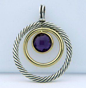 David Yurman 18K Gold / Silver, Amethyst Pendant: David Yurman 18K Yellow Gold / Silver, Amethyst Pendant. The total weight of pendant is 6.5 grams. The measurements of amethyst: 10 mm. The size of the pendant is 37 x 29 mm, Thickness is 2 mm.