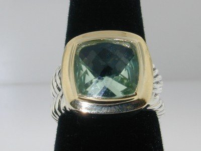 David Yurman Silver/18K Yellow Gold Prasiolite Rin: David Yurman Silver/18k Yellow Gold Prasiolite Ring. The total ring's weight is 8.0 grams. The size of the prasiolite is 14 x 14 mm. The size of the ring is 5.5.
