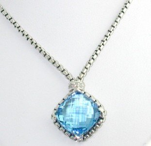 David Yurman Silver, Blue Topaz & Diamond Necklace: David Yurman Silver, Blue Topaz & Diamond Necklace. The total weight of Necklace is 9.8 grams. The size of the Blue Topaz is 10 mm in diameter. Total weight of diamond are 0.19 cts, approximately, I c