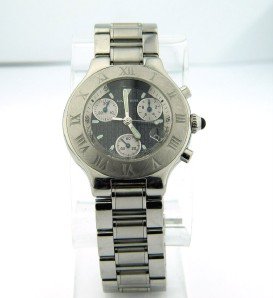 Cartier Chronograph DateJust Stainless Steel Watch: Cartier Chronograph DateJust Stainless Steel Watch. The total watch's weight is 137.3 grams. The measurements of watch head is 34 x 37 mm and 9 mm thick. The length of watch: 7.75". Quartz movement wi