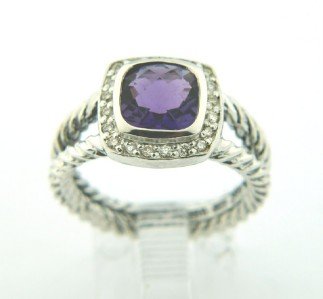 David Yurman Silver, Amethyst & Diamond Ring.: David Yurman Silver,Amethyst & Diamond Ring. The total ring's weight is 5.6 grams. The total weight of the diamond is 0.2 cts approximately, I color SI clarity. The size of the Amethyst is 7 x 7 mm. T