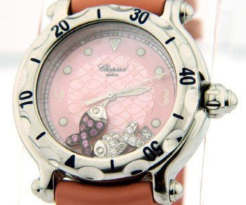 Chopard Stainless Steel Diamond Rubber Strap Watch: Chopard Stainless Steel, Happy Fish (Diamond & Pink Sapphire), Rubber Strap Sport Watch Watch's Weight : 73.9 grams Total weight of diamond: 0.2 cts. G color, VS clarity. The total weight of pink sapp