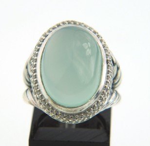 David Yurman Silver Chalcedony Diamond Ring: David Yurman Silver Chalcedony Diamond Ring Ring Weight : 13.9 grams. The Total weight of diamonds is 0.48 cts. approximately and I color SI-1 clarity. The size of the Chalcedony is 11 x 16 mm. The ri