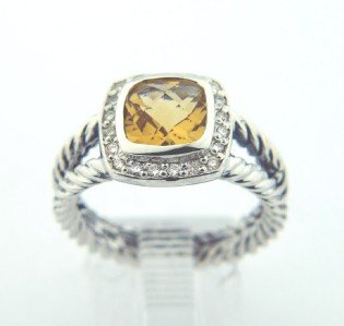 David Yurman Silver, Citrine & Diamond Ring: David Yurman Silver, Citrine & Diamond Ring. The total ring's weight is 5.5 grams. The total weight of the diamond is 0.2 cts approximately, I color SI clarity. The size of the Citrine is 7 x 7 mm. Th
