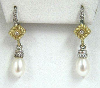 Judith Ripka Silver/14K Gold, Pearl & Diamond Earring: Judith Ripka Silver/14K Yellow Gold, Pearl & Diamond Earrings. The total earring's weight is 5.7 grams. The total weight of diamond: 0.04 pts. G color, VS clarity. The size of the pearl: 5 x 7 mm. The
