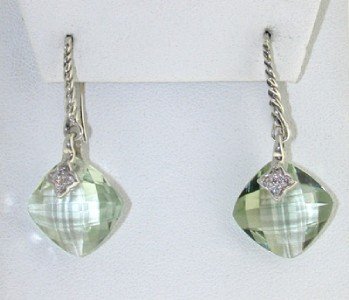 David Yurman Silver, Diamond & Prasiolite Earrings: David Yurman Silver, Diamond & Prasiolite Earrings! The total earrings weight is 5.6 grams. The total weight of diamond: 0.16 cts. I color SI clarity. The size of the Prasiolite is 15 x 15 mm. The siz