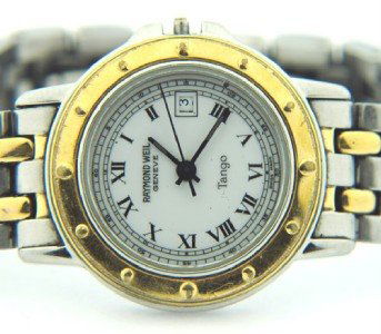 Raymond Weil Stainless Steel Watch: Raymond Weil Stainless Steel Watch The total watch's weight is 62.8 grams. The measurements of watch head is 26 mm and 5 mm thick. The length of watch: 5" Swiss Made water resistant Chain is 13 mm wid