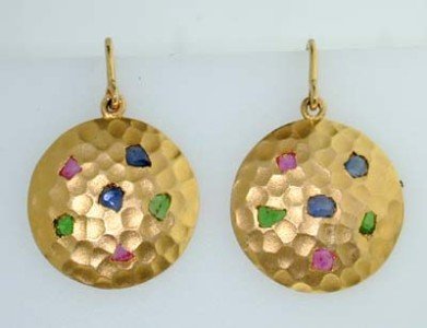 Coera 18K Yellow Gold Muti-Stone Earrings!: Coera 18K Yellow Gold Tsavorite,Ruby,Sapphire Earrings! The total Earrings' weight is 9.8 grams. The total weigth of Sapphire is 40 pts approximately. The weight of the Ruby is 40 pts approximately. T