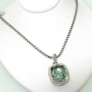 David Yurman Silver Prasiolite & Diamond Necklace.: David Yurman Silver Prasiolite & Diamond Necklace. The total weight of Necklace is 12.1 grams. Total weight of diamond are 0.30 cts, approximately, I color, SI-1 clarity. The size of prasiolite: 11 x 