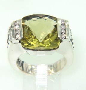 David Yurman Silver Lemon Citrine & Diamond Ring: David Yurman Lemon Citrine Ring with Diamonds in Silver The total ring's weight is 12.7 grams. Ring face is 19 x 13 mm. The size of lemon citrine is 12 x 13 mm. The total diamond weight is 24 pts, H c