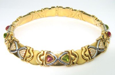 Marina B 18K Yellow Gold,Tourmaline & Diamond Neck: Marina B 18K Yellow Gold,Tourmaline (Green & Pink) & Diamond Necklace. The total necklace's weight is 233.2 grams. The total weight of diamonds are 1.92 cts.,approxmiately. G color VVS clarity. The si