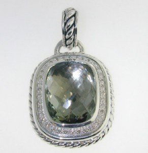 David Yurman Silver, Prasiolite & Diamond Pendant: David Yurman Silver, Prasiolite & Diamond Pendant The total weight of Pendant is 21.6 grams. Size of prasiolite: 20 x 15 mm Total weight of diamond: 0.5 cts, H color, SI-2 clarity The size of the pend
