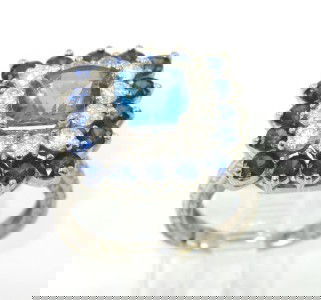 14K White Gold, Blue Topaz, Sapphire & Diamond Rin: 14K White Gold, Blue Topaz, Sapphire & Diamond Ring. The total ring's weight is 6.4 grams. The total weight of Diamond is approximately 1 cts. H color SI clarity. The size of Blue Topaz is 8 x 8 mm. T