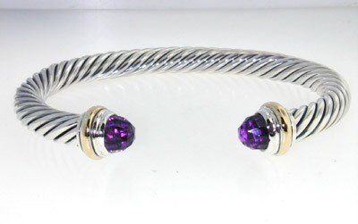 David Yurman Silver,14K Gold, Amethyst Bangle.: David Yurman Silver, 14K Yellow Gold, Amethyst Bangle. The total Bangle's weight is 39.4 grams. The size of amethyst: 6 mm The measurement of the inside bangle is 49 x 62 mm, Thickness: 6 mm.