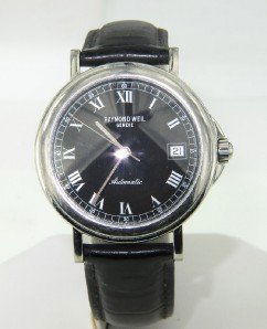 Raymond Weil Stainless Steel Leather Strap Watch.: Raymond Weil Stainless Steel Automatic Skeleton Leather Strap Watch. Watch's Weight: 51.3 grams. The measurements of watch head: 35 x 35 mm and 5 mm thick. The length of watch: 8.5". Water Resistant.