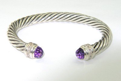 David Yurman Silver Amethyst & Diamond Bangle: David Yurman Silver Amethyst & Diamond Bangle.The total Bangle's weight is 43.8 grams.The total diamond weight is 0.48 cts approximately, I color SI clarity.The size of the amethyst is 6 x 6 mm, each.