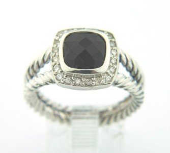 David Yurman Silver, Onyx & Diamond Ring.: David Yurman Silver, Onyx & Diamond Ring.The total ring's weight is 5.5 grams.The total weight of the diamond is 0.2 cts approximately, I color SI clarity.The size of the Onyx is 7 x 7 mm.The size of 
