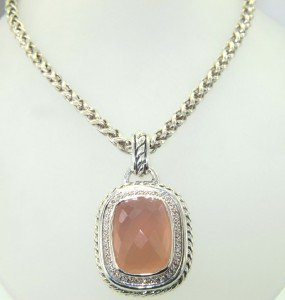 David Yurman Silver, Rose Quartz & Diamond Necklac: David Yurman Silver, Rose Quartz & Diamond Necklace The total weight of necklace is 44.3 grams. Size of rose quartz: 21 x 16 mm Total weight of diamond: 0.5 cts, H color, SI-2 clarity The size of the 