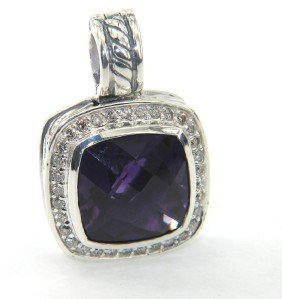 David Yurman Silver Amethyst & Diamond Pendant: David Yurman Silver Amethyst & Diamond Pendant.The total Pendant's weight is 5.9 grams.The total weight of diamonds is 0.30 cts. approximately I and SI clarity.The size of the amethyst is 11 x 11 mm.T