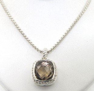David Yurman Silver Smoky Topaz & Diamond Necklace: David Yurman Silver Smoky Topaz & Diamond Necklace. The total weight of Necklace is 10.7 grams. Total weight of diamond are 0.30 cts, approximately, I color, SI-1 clarity. The size of smoky topaz: 11 