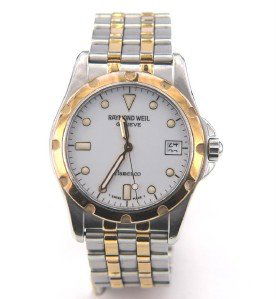 Raymond Weil 2-Toned Stainless Steel Watch: Raymond Weil 2-Toned Stainless Steel Watch.The total watch's weight is 106.7 grams.The measurements of watch head is 33 x 35 mm and 6 mm thick.The length of watch: 8.25".water Resistant.swiss made.Cha