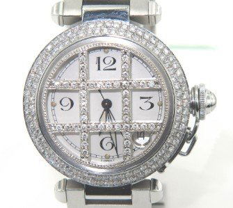 Cartier Stainless Steel DateJust Diamond Watch: Cartier Stainless Steel DateJust Diamond Watch With Original Box And Extra Link. Watch's Weight: 103.6 grams. Total weight of diamond: 3 cts, H color, VS clarity. The measurement of watch head: 34 x 3