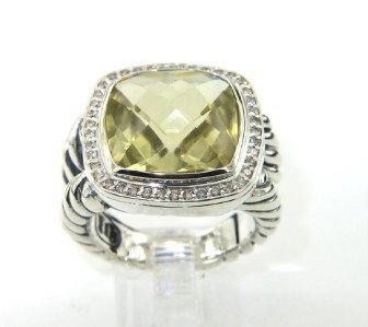 David Yurman Silver Lemon Citrine Diamond Ring: David Yurman Silver Lemon Citrine Diamond Ring. The total ring's weight is 15.5 grams. The total diamond weight is 0.49 cts ,approxmiately. I color SI clarity. The size of lemon citrine is 14 x 14 mm.