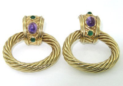 David Yurman18K Yellow Gold Amethyst & Emerald Ear: David Yurman 18K Yellow Gold Cabochon Amethyst & Cabochon Emerald Earrings.The total earrings weight is 42.1 grams.The total weight of cabochon emerald: 0.8 cts.The size of cabochon amethyst: 7 x 5 mm