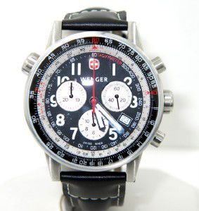 Wenger Stainless Steel Leather Strap Watch: Wenger Stainless Steel, Mineral Crystal, Leather Strap Watch with Box. The total watch's weight is 65.2 grams. The measurements of the watch head is 42 mm in diameter and 12 mm in thick. The length of