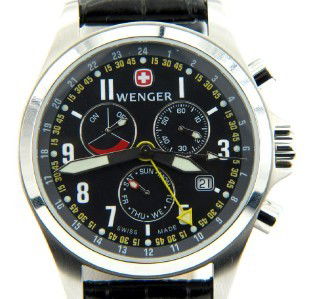 Wenger Stainless Steel Chronograph Leather Strap: Wenger Stainless Steel, Chronograph, Mineral Crystal, Leather Strap Watch with Box.The total watch's weight is 64.9 grams.The measurements of the watch head is 40 mm in diameter and 12 mm in thick.The