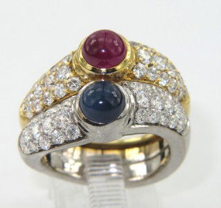 Van Cleef & Arpels 18K Gold Diamond, Ruby,Sapphire: Van Cleef & Arpels 18K 2-Toned (White & Yellow) Gold Diamond, Cabochon Ruby & Sapphire Ring The total ring's weight is 13.2 grams. The weight of Diamond: 2.20 cts, approoximately G color, VVS calarity
