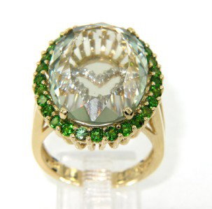 14K Yellow Gold Diamond, Tsavorite & Prasiolite Ri: 14K Yellow Gold Diamond, Tsavorite & Prasiolite Ring The total ring's weight is 11 grams. The total weight of diamond: 0.35 cts. I color SI clarity The total weight of tsavorite: 1.12 cts The size of