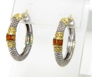 Judith Ripka Silver/18K Yellow Gold, Citrine Earri: Judith Ripka Silver /18K Yellow Gold Citrine Earrings.The total earring's weight is 13.4 grams.The size of the citrine: 4 x 2 mm.The size of the earring: 25 x 24 mm.The earring is 3 mm wide and 1 mm i