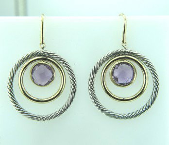 David Yurman 18K Gold /Silver Amethyst Earrings: David Yurman 18K Yellow Gold /Silver and Amethyst Earrings.The total earrings weight is 12.7 grams.The size of the Amethyst is 10 mm in diameter.The size of earrings: 32 x 29 mm. Thickness is 2 mm.