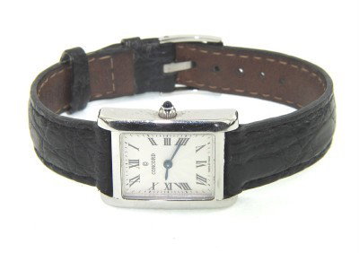 Concord Stainless Steel Leather Strap Watch: Concord Stainless Steel Leather Strap Watch.Watch's Weight: 16.1 grams.The measurements of watch head: 20 x 18 mm and 4 mm in thickness.The length of watch: 7.5".Swiss made.Water Resistant