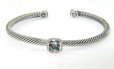 David Yurman Silver Prasiolite & Diamond Bangle: David Yurman Silver Prasiolite & Diamond Bangle The total Bangle's weight is 16.9 grams. The total weight of diamond: 0.22 cts. I color SI clarity The measurement of prasiolite: 6 x 6 mm The bangle si
