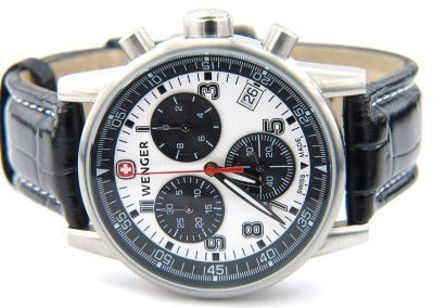 Wenger Stainless Steel Chronograph Leather Strap W: Wenger Stainless Steel, Chronograph, Mineral Crystal, Leather Strap Watch with Box. The total watch's weight is 82.1 grams. The measurements of the watch head is 42 mm in diameter and 13 mm in thick.